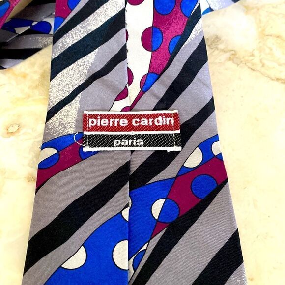 Vintage Pierre Cardin 100% Silk Tie Multi-Colour Stripes & Polka Dots - Picture 4 of 6